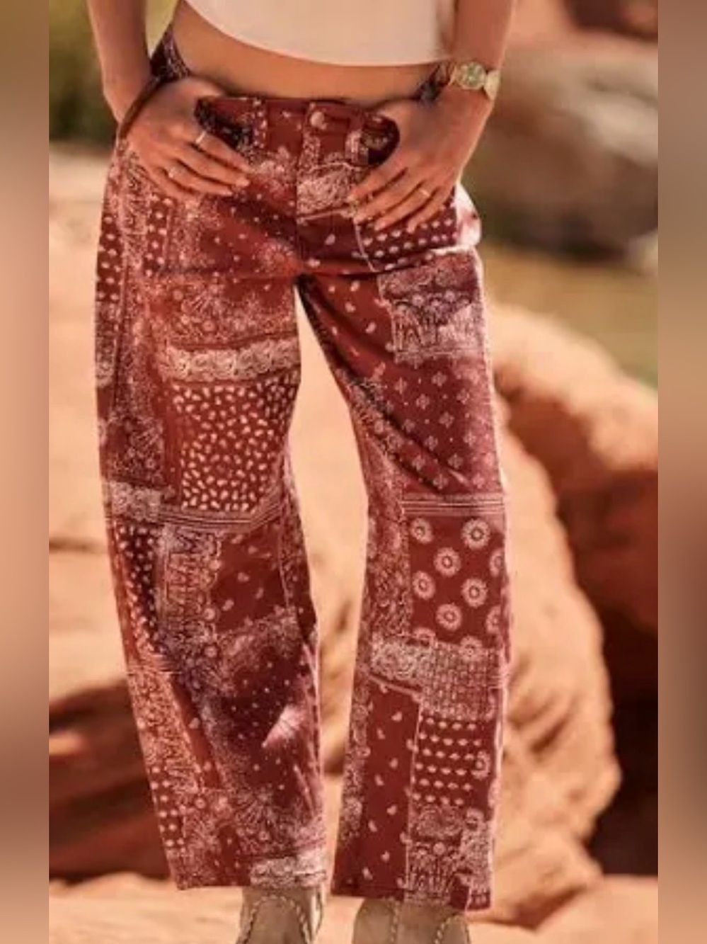 Wide-Leg Patchwork Print Pants - Rust - Picture 1 of 5